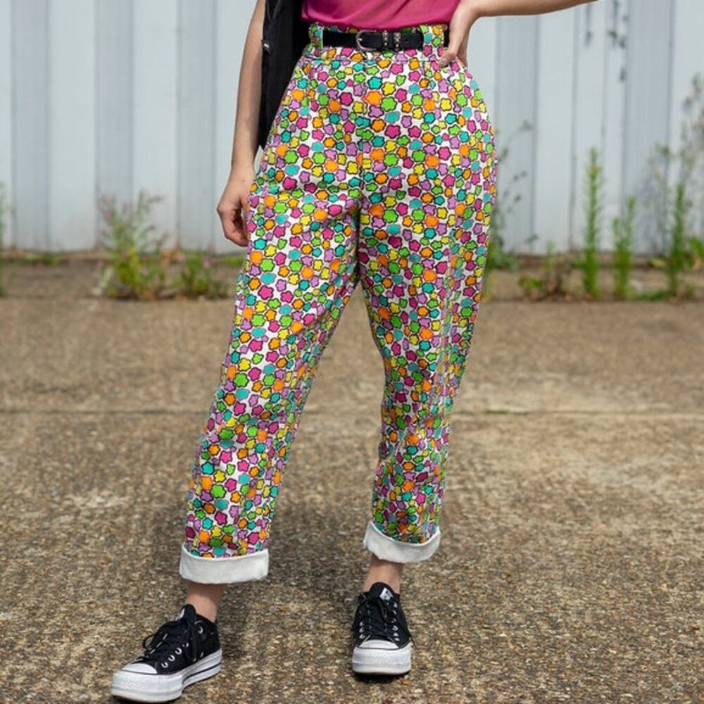 Lucy & Yak Addison jeans flower power print high rise neon hippy unique organic